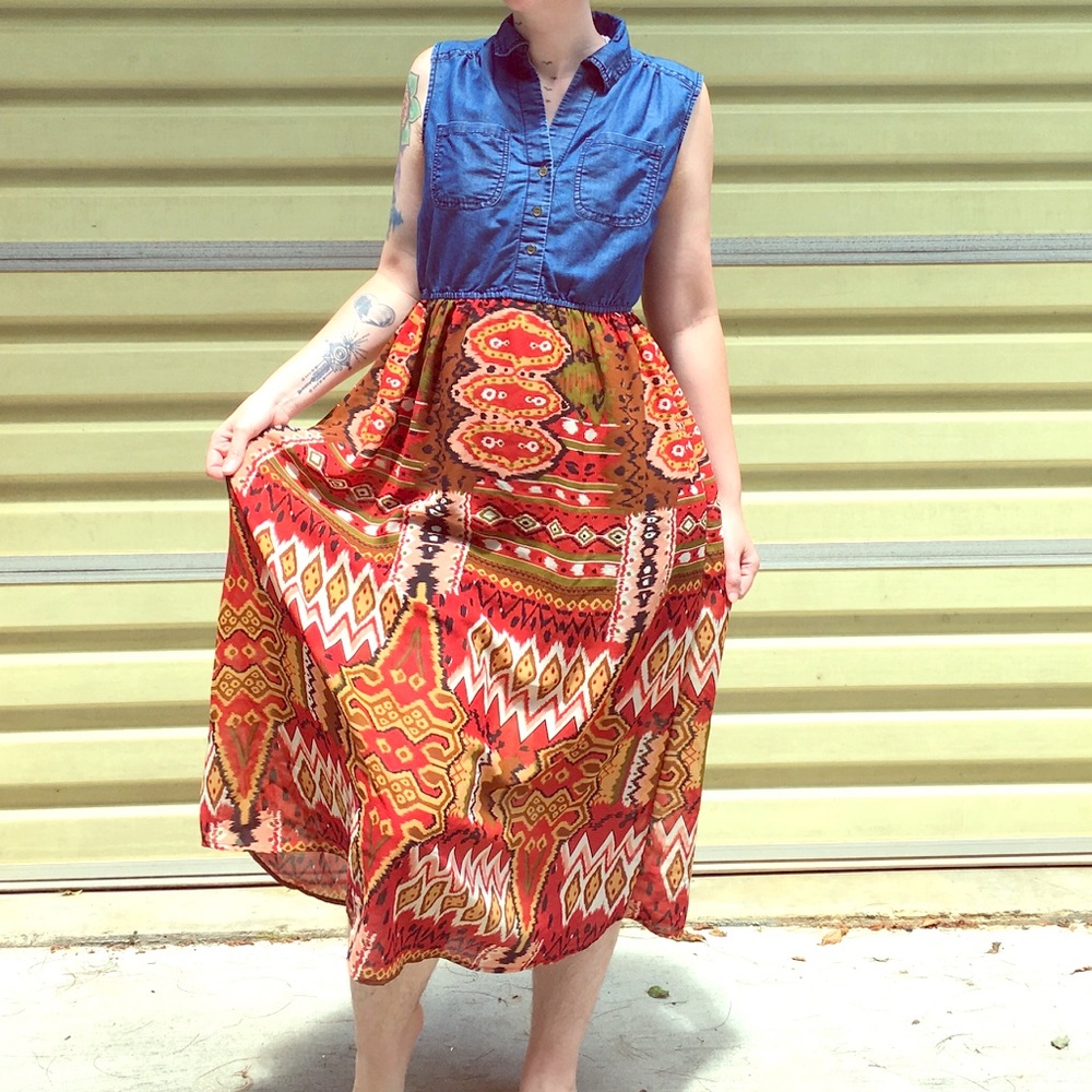 Jean Button Down Dress With Tribal Bottom!!